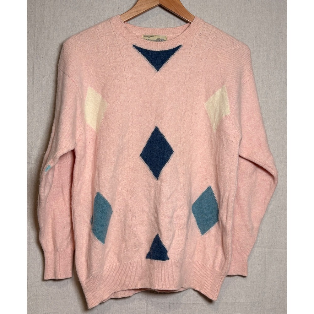 Loch Lomond Golf Club Vintage Pink Argyle Wool Angora Sweater Made in Scotland